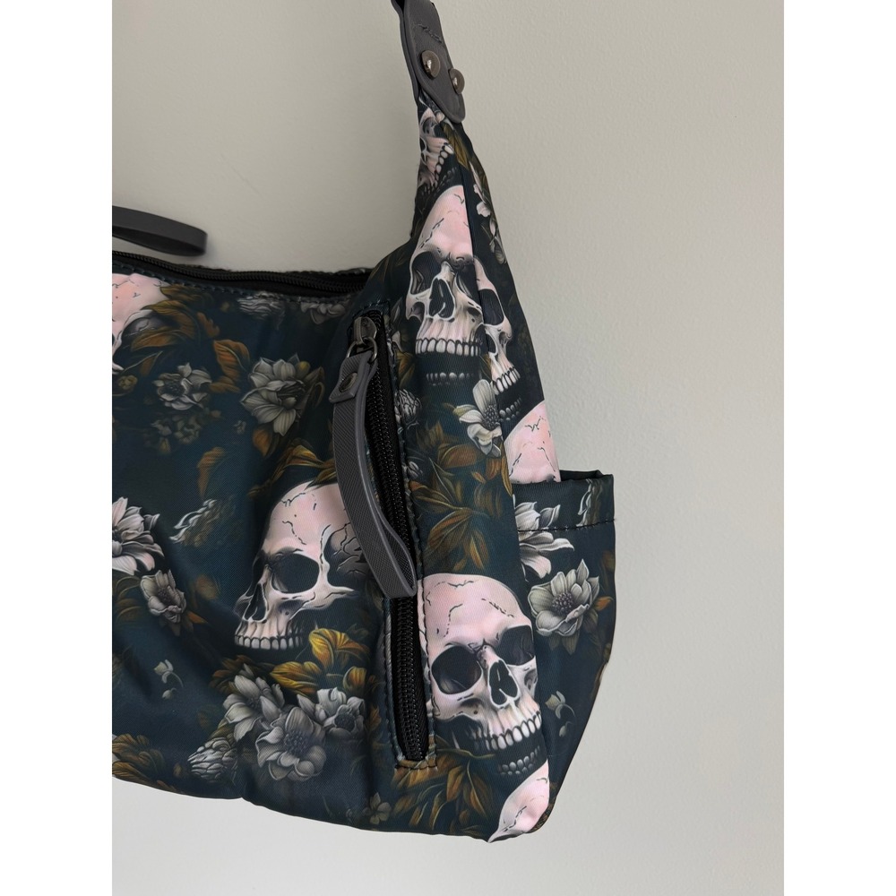 Skull Floral Print Shoulder Bag Medium Black Gothic Grunge Purse - Picture 4 of 9